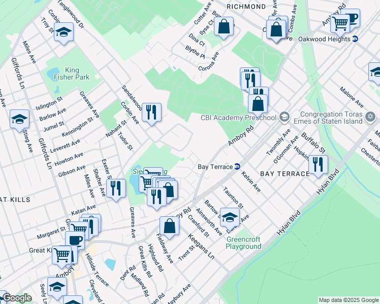 map of restaurants, bars, coffee shops, grocery stores, and more near 162 Woodcutters Lane in Staten Island