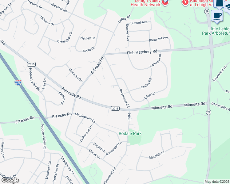 map of restaurants, bars, coffee shops, grocery stores, and more near 1770 Riverbend Road in Allentown