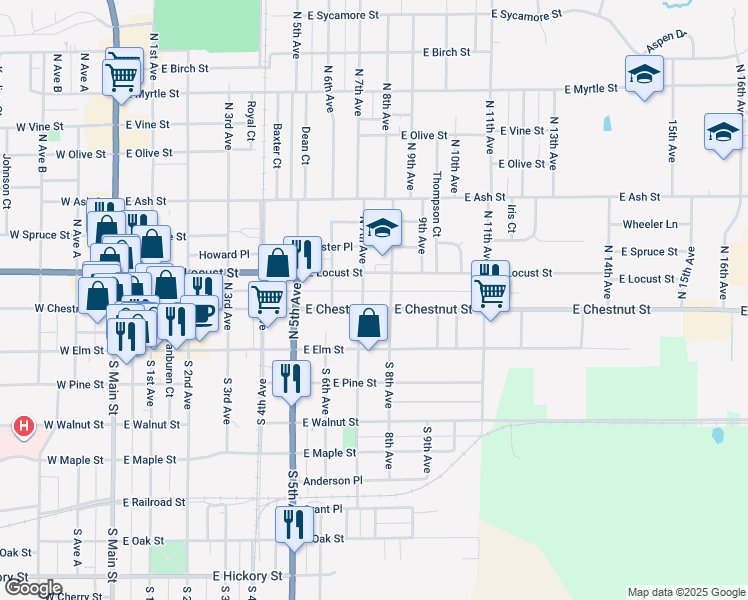 map of restaurants, bars, coffee shops, grocery stores, and more near 720 East Chestnut Street in Canton