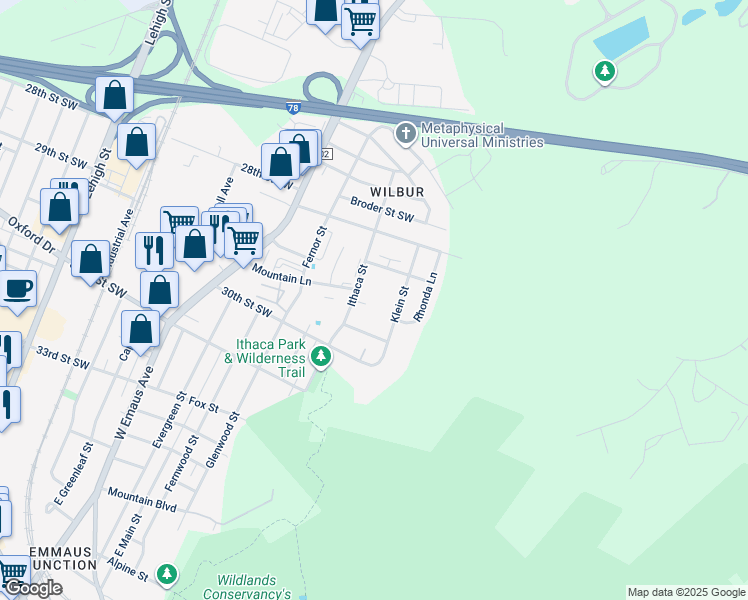 map of restaurants, bars, coffee shops, grocery stores, and more near 2617 Mountain Lane in Allentown