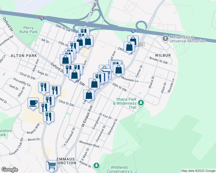 map of restaurants, bars, coffee shops, grocery stores, and more near 3025 Evans Street in Allentown