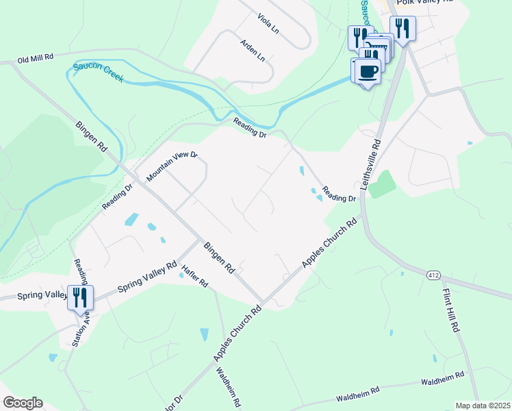 map of restaurants, bars, coffee shops, grocery stores, and more near 1675 Creek View Road in Bethlehem