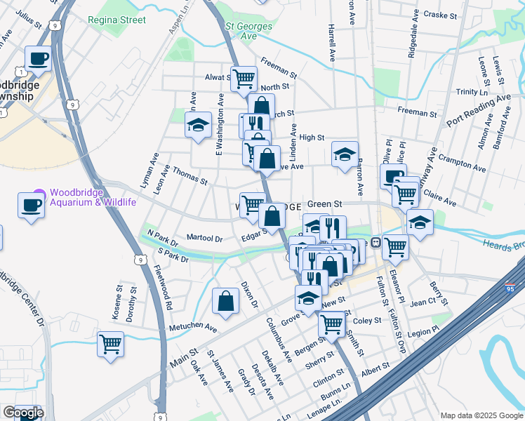 map of restaurants, bars, coffee shops, grocery stores, and more near 171 Green Street in Woodbridge Township
