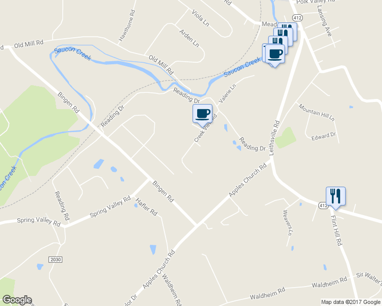 map of restaurants, bars, coffee shops, grocery stores, and more near 1675 Creek View Road in Bethlehem