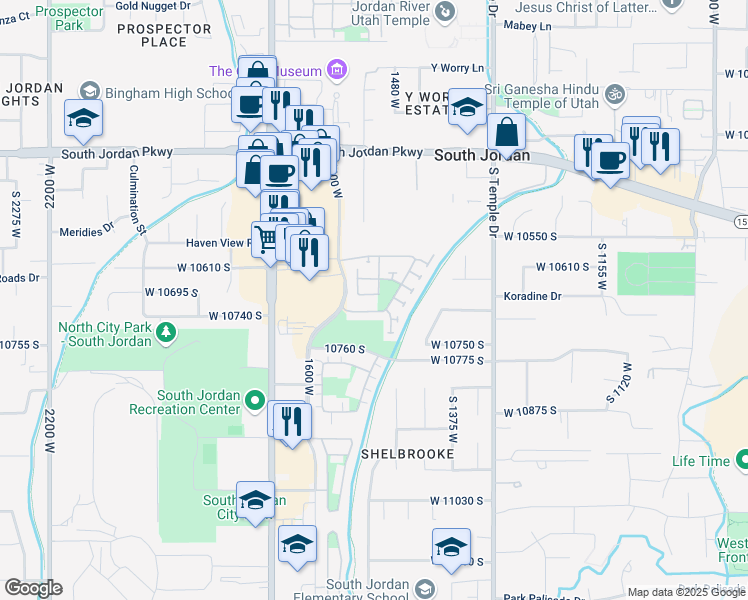 map of restaurants, bars, coffee shops, grocery stores, and more near 1519 Foliage Lane in South Jordan
