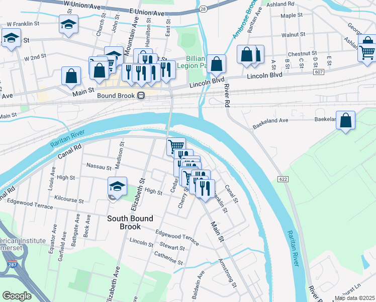 map of restaurants, bars, coffee shops, grocery stores, and more near 16 Four Swing Bridge Lane in South Bound Brook