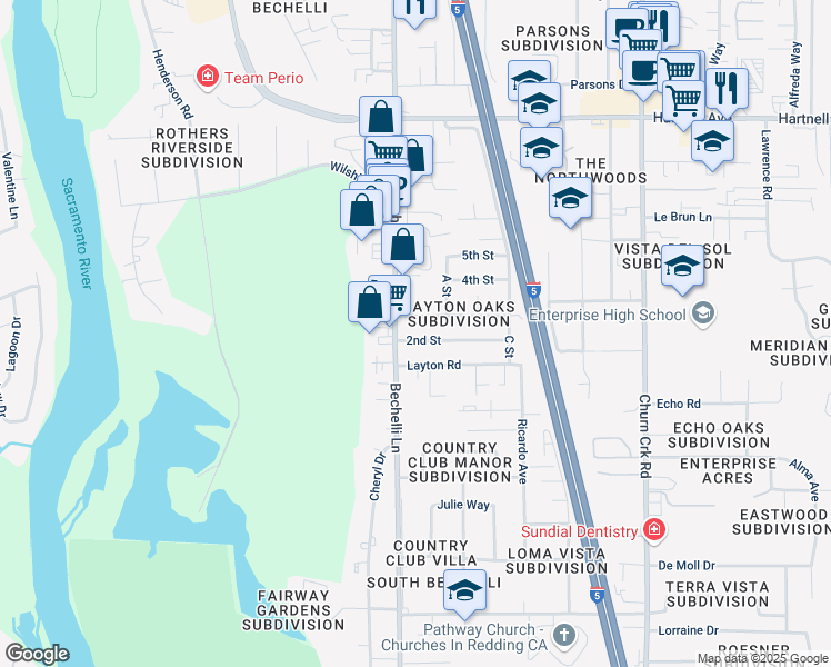 map of restaurants, bars, coffee shops, grocery stores, and more near 3437 Bechelli Lane in Redding