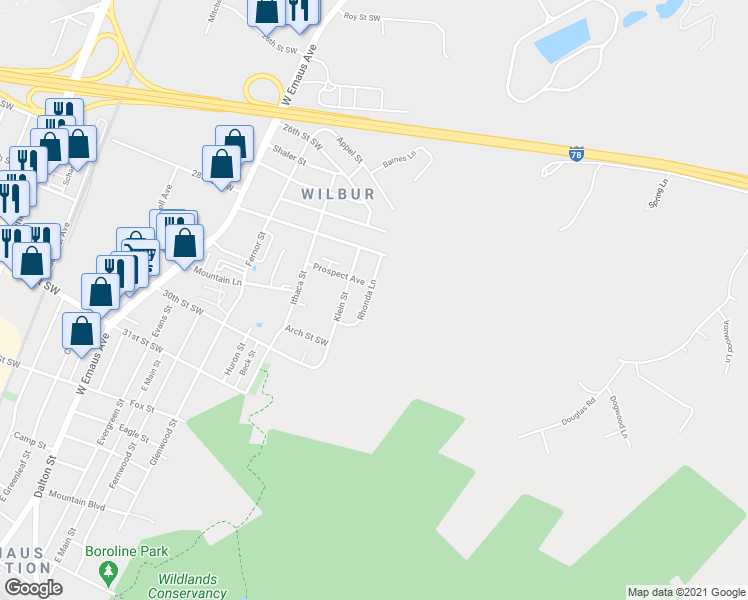 map of restaurants, bars, coffee shops, grocery stores, and more near 2850 Rhonda Lane in Allentown