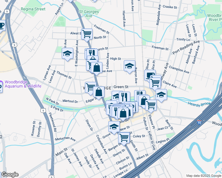 map of restaurants, bars, coffee shops, grocery stores, and more near 2 Green Street in Woodbridge Township