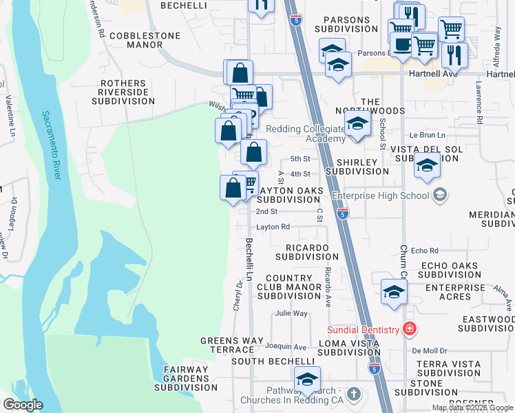 map of restaurants, bars, coffee shops, grocery stores, and more near 3437 Bechelli Lane in Redding