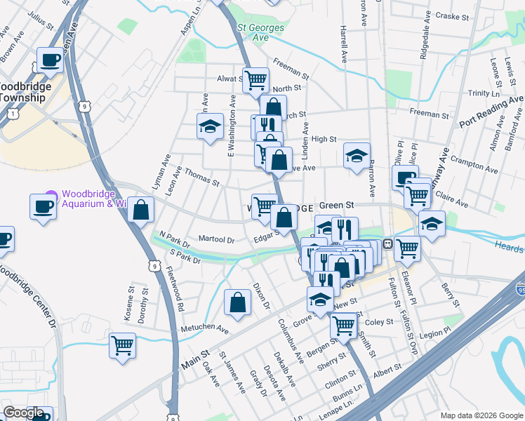 map of restaurants, bars, coffee shops, grocery stores, and more near 180 Green Street in Woodbridge Township