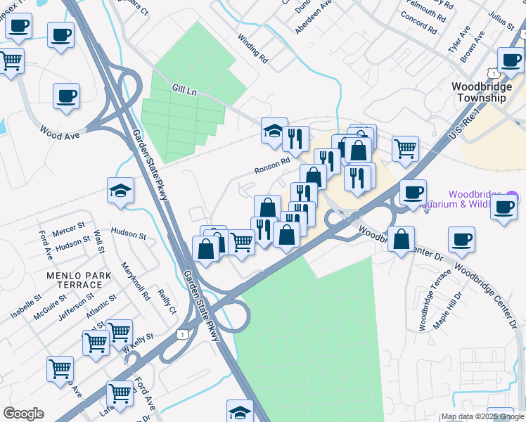 map of restaurants, bars, coffee shops, grocery stores, and more near 1501 Woodbridge Commons Way in Woodbridge Township