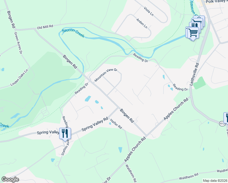 map of restaurants, bars, coffee shops, grocery stores, and more near 3259 Bingen Road in Bethlehem