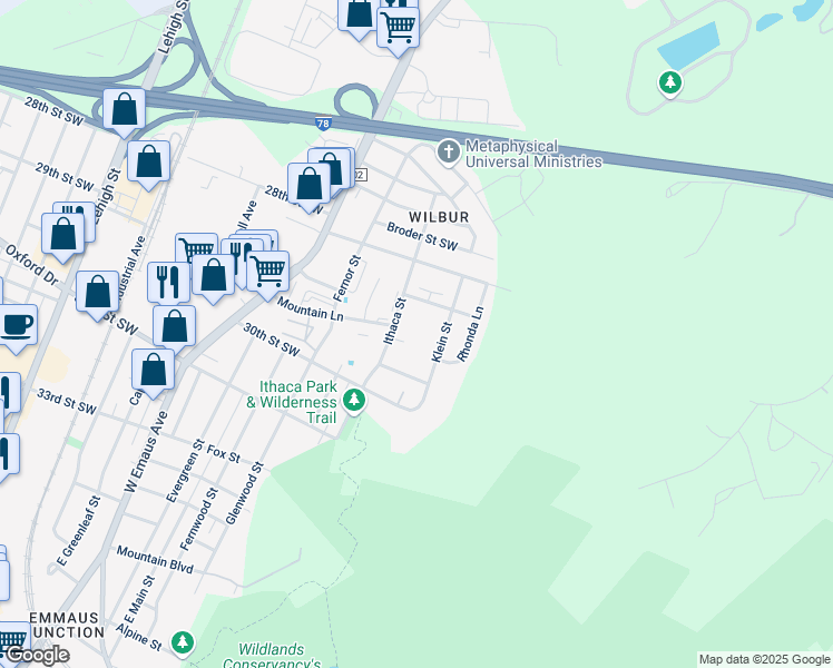 map of restaurants, bars, coffee shops, grocery stores, and more near 2617 Mountain Lane in Allentown