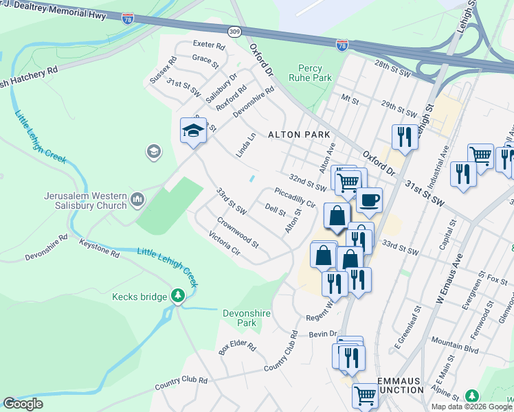 map of restaurants, bars, coffee shops, grocery stores, and more near 1754 33rd Street Southwest in Allentown