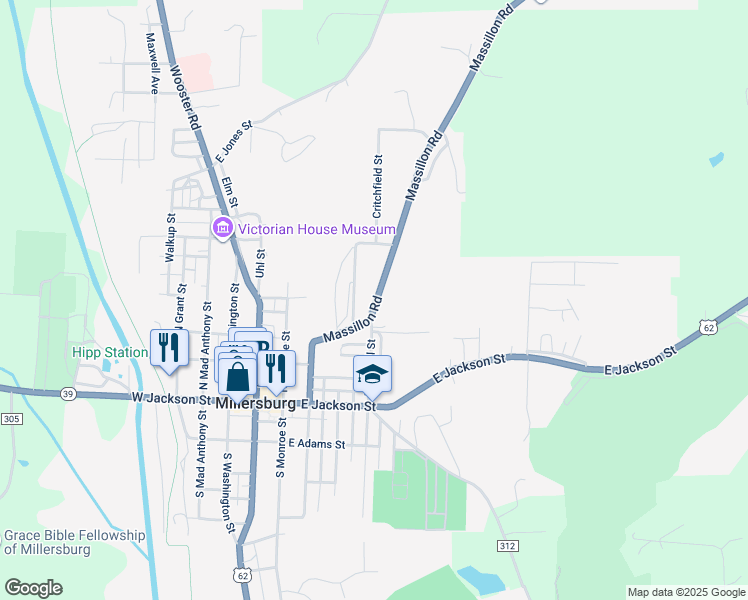 map of restaurants, bars, coffee shops, grocery stores, and more near 419 Massillon Road in Millersburg
