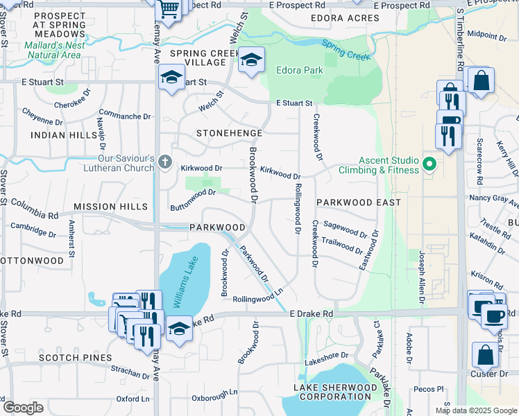 map of restaurants, bars, coffee shops, grocery stores, and more near 2215 Tanglewood Drive in Fort Collins