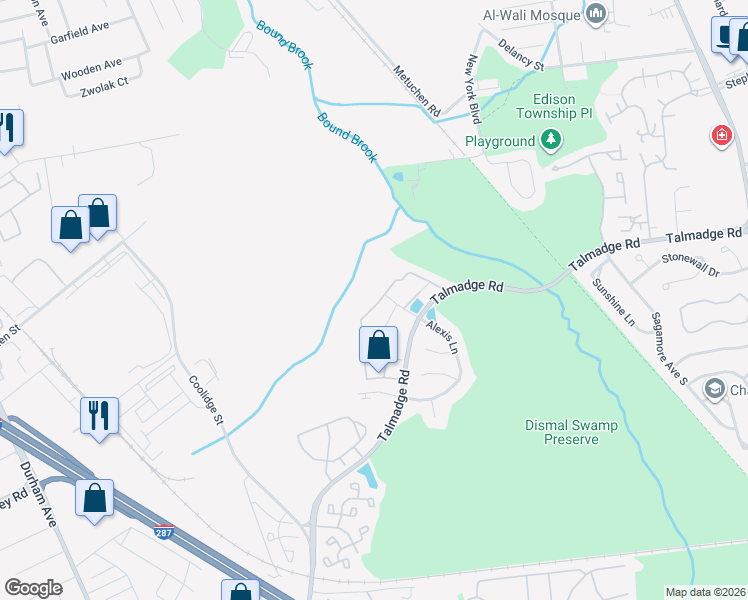 map of restaurants, bars, coffee shops, grocery stores, and more near 157 Prestwick Way in Edison