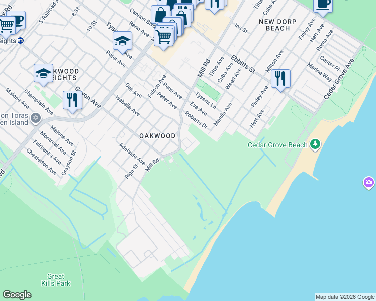 map of restaurants, bars, coffee shops, grocery stores, and more near 116 Pelican Circle in Staten Island