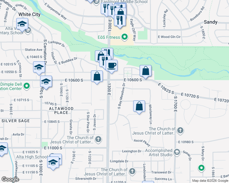 map of restaurants, bars, coffee shops, grocery stores, and more near 10673 South Bridlewood Lane in Sandy