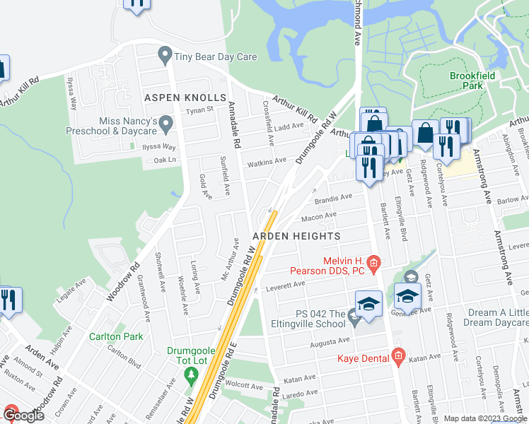 map of restaurants, bars, coffee shops, grocery stores, and more near 552 Drumgoole Road West in Staten Island