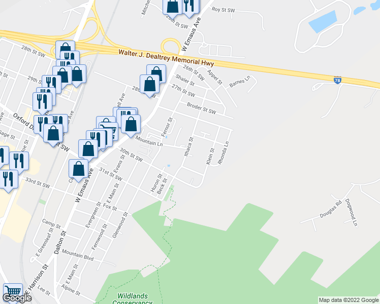 map of restaurants, bars, coffee shops, grocery stores, and more near 2603 Mountain Lane in Allentown