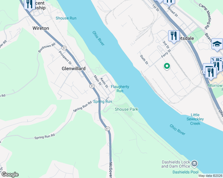 map of restaurants, bars, coffee shops, grocery stores, and more near 1374 Ferry Street in Glenwillard