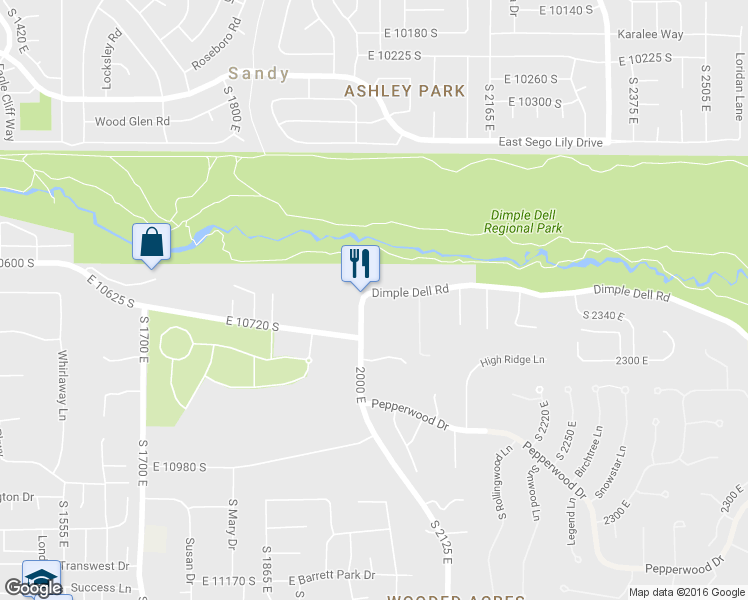 map of restaurants, bars, coffee shops, grocery stores, and more near 2012 Dimple Dell Road in Sandy