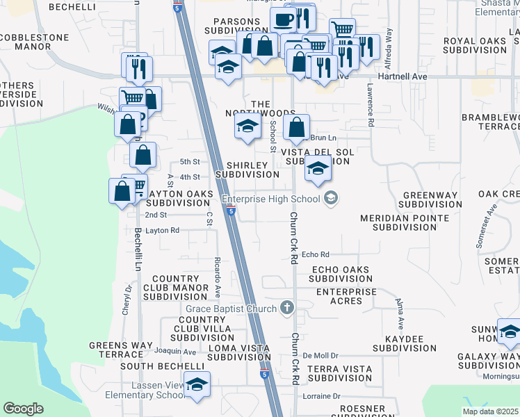 map of restaurants, bars, coffee shops, grocery stores, and more near 3443 Adams Lane in Redding