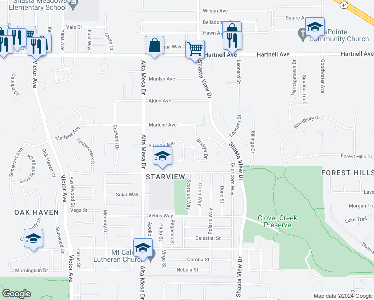 map of restaurants, bars, coffee shops, grocery stores, and more near 3521 Laramie Street in Redding