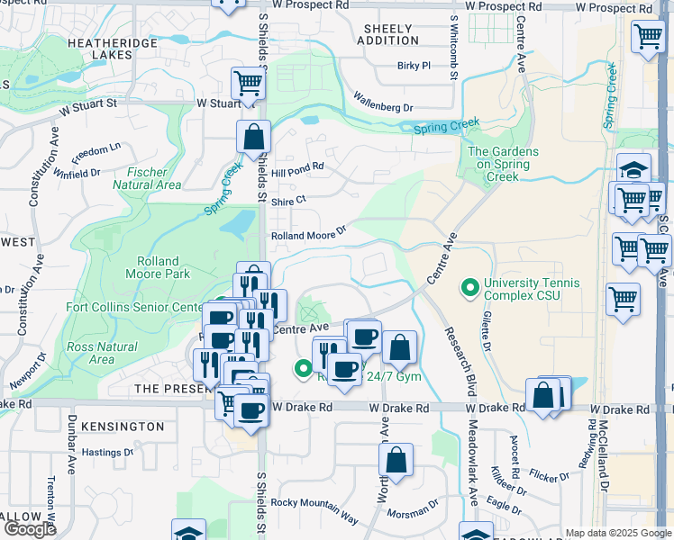 map of restaurants, bars, coffee shops, grocery stores, and more near 947 Worthington Circle in Fort Collins