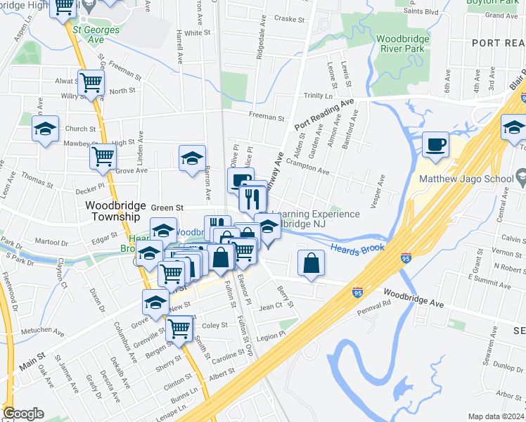 map of restaurants, bars, coffee shops, grocery stores, and more near 19 East Green Street in Woodbridge Township