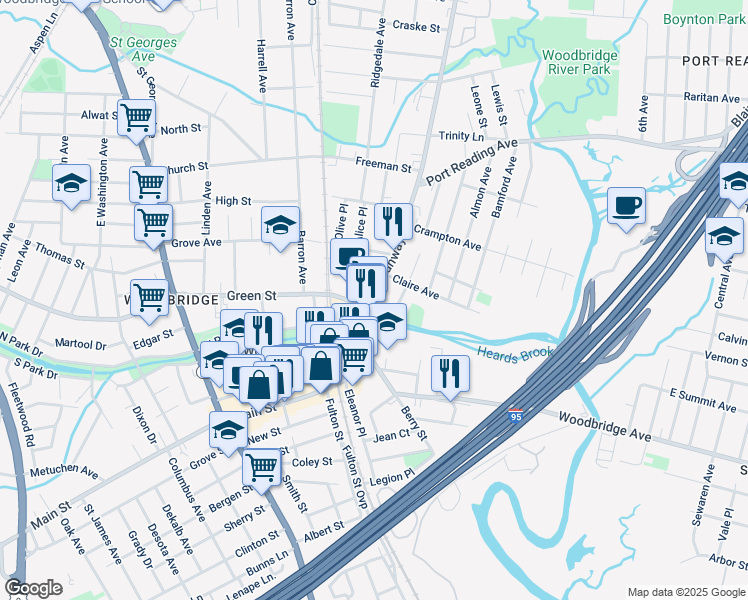 map of restaurants, bars, coffee shops, grocery stores, and more near 19 East Green Street in Woodbridge Township