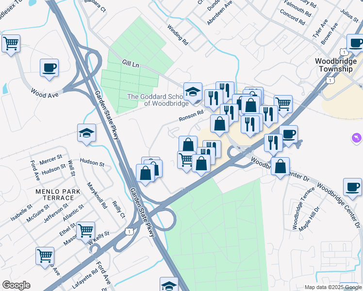 map of restaurants, bars, coffee shops, grocery stores, and more near 1501 Woodbridge Commons Way in Woodbridge Township