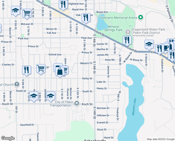 map of restaurants, bars, coffee shops, grocery stores, and more near 1219 Black Street in Pekin
