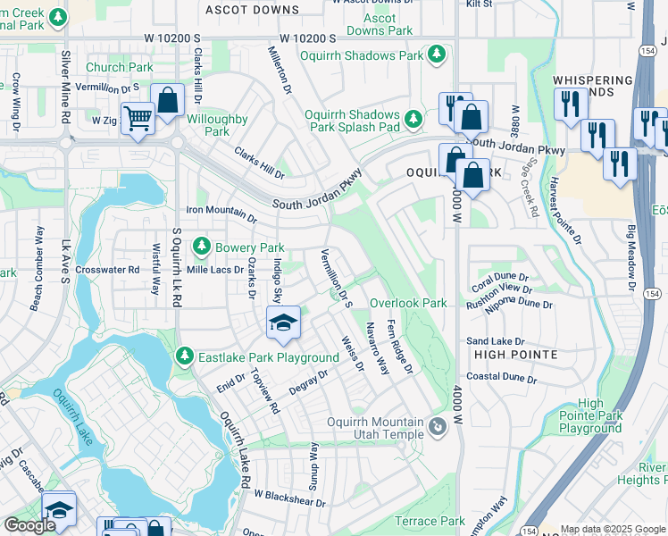 map of restaurants, bars, coffee shops, grocery stores, and more near 10663 South Vermillion Drive in South Jordan