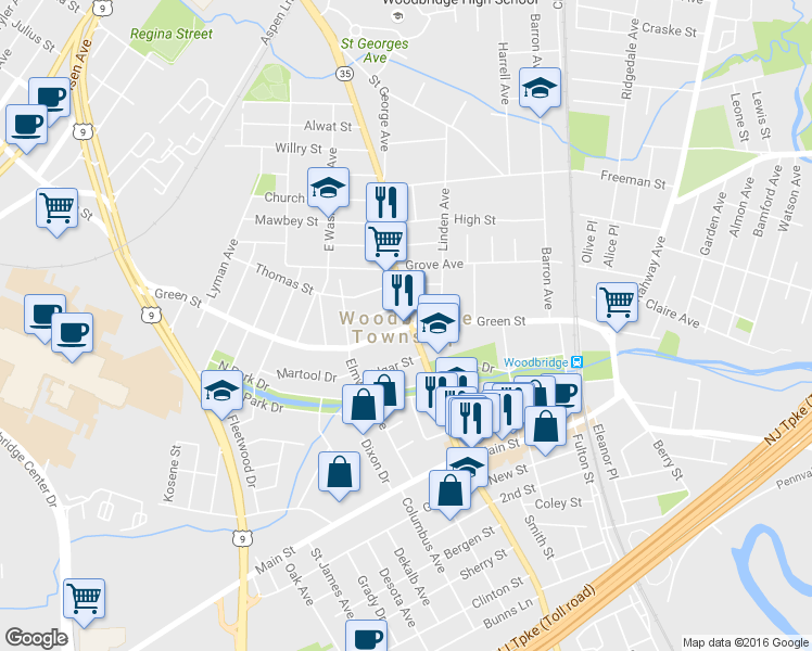 map of restaurants, bars, coffee shops, grocery stores, and more near in Woodbridge Township