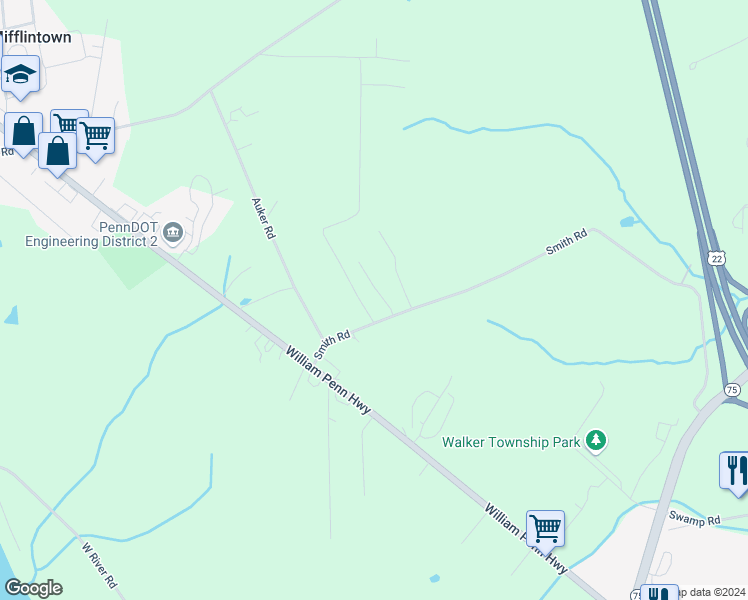 map of restaurants, bars, coffee shops, grocery stores, and more near 57 Reichard Lane in Mifflintown