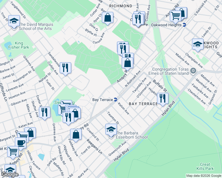 map of restaurants, bars, coffee shops, grocery stores, and more near 39 Junction Court in Staten Island