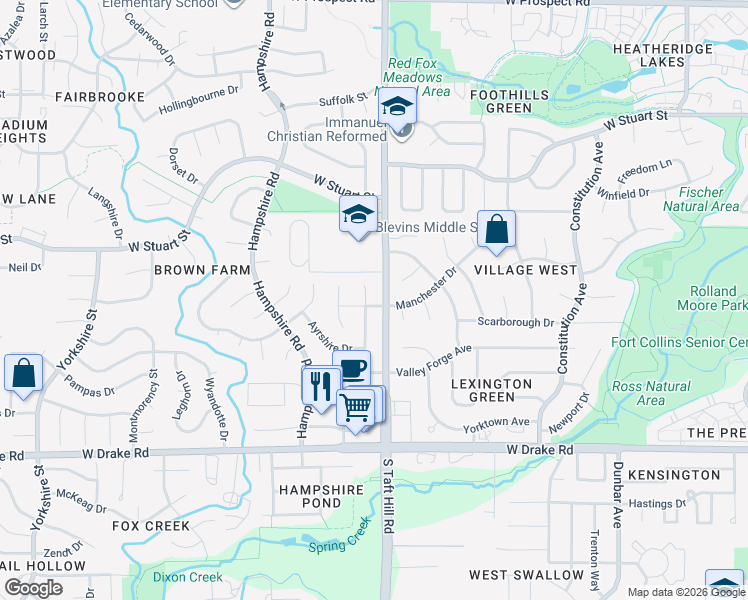 map of restaurants, bars, coffee shops, grocery stores, and more near 2102 Manchester Drive in Fort Collins