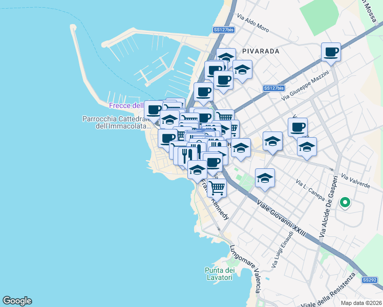 map of restaurants, bars, coffee shops, grocery stores, and more near 38 Via Sassari in Alghero