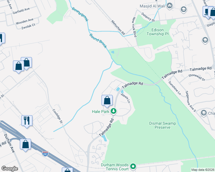 map of restaurants, bars, coffee shops, grocery stores, and more near 215 Prestwick Way in Edison