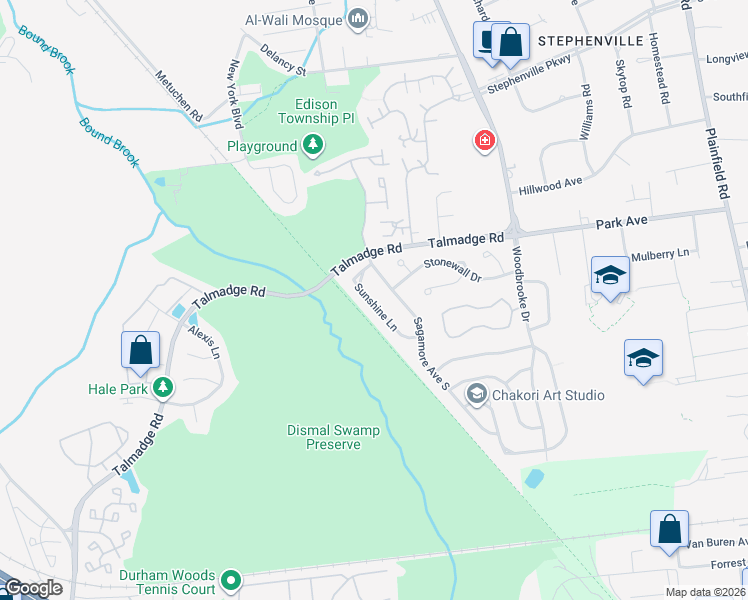 map of restaurants, bars, coffee shops, grocery stores, and more near 25 Sunshine Lane in Edison