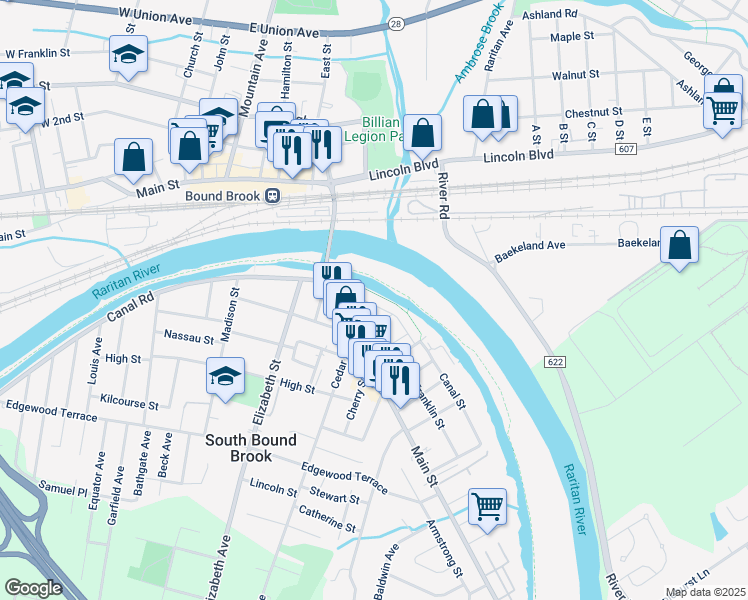 map of restaurants, bars, coffee shops, grocery stores, and more near 21 Patriots Path in South Bound Brook