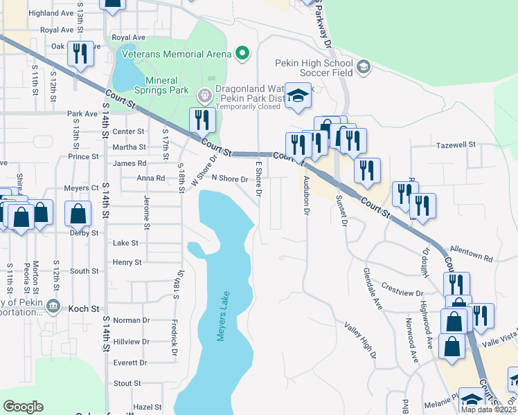map of restaurants, bars, coffee shops, grocery stores, and more near 717 East Shore Drive in Pekin