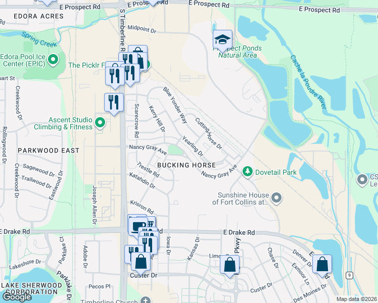 map of restaurants, bars, coffee shops, grocery stores, and more near 2408 Nancy Gray Avenue in Fort Collins