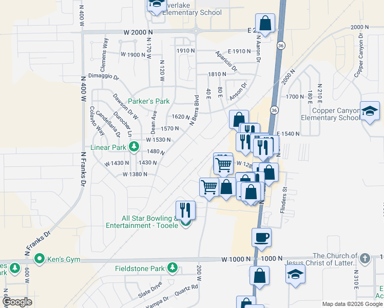 map of restaurants, bars, coffee shops, grocery stores, and more near 1222 Lacroix Lane in Tooele