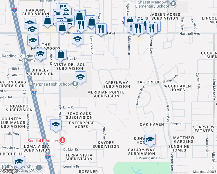 map of restaurants, bars, coffee shops, grocery stores, and more near 3558-3598 Meridian Drive in Redding
