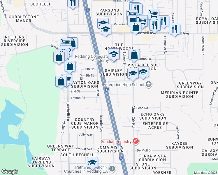 map of restaurants, bars, coffee shops, grocery stores, and more near 821 Camino Court in Redding