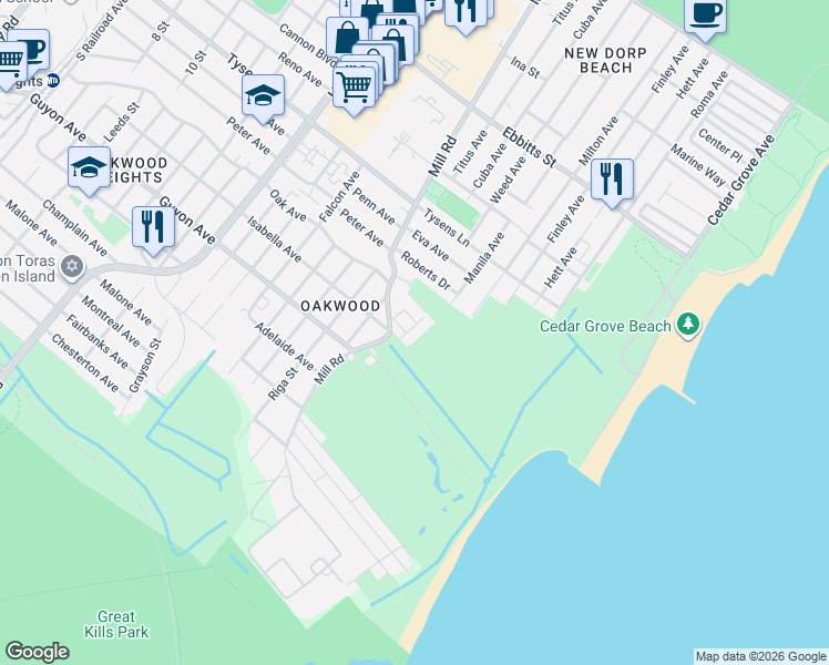 map of restaurants, bars, coffee shops, grocery stores, and more near 116 Pelican Circle in Staten Island